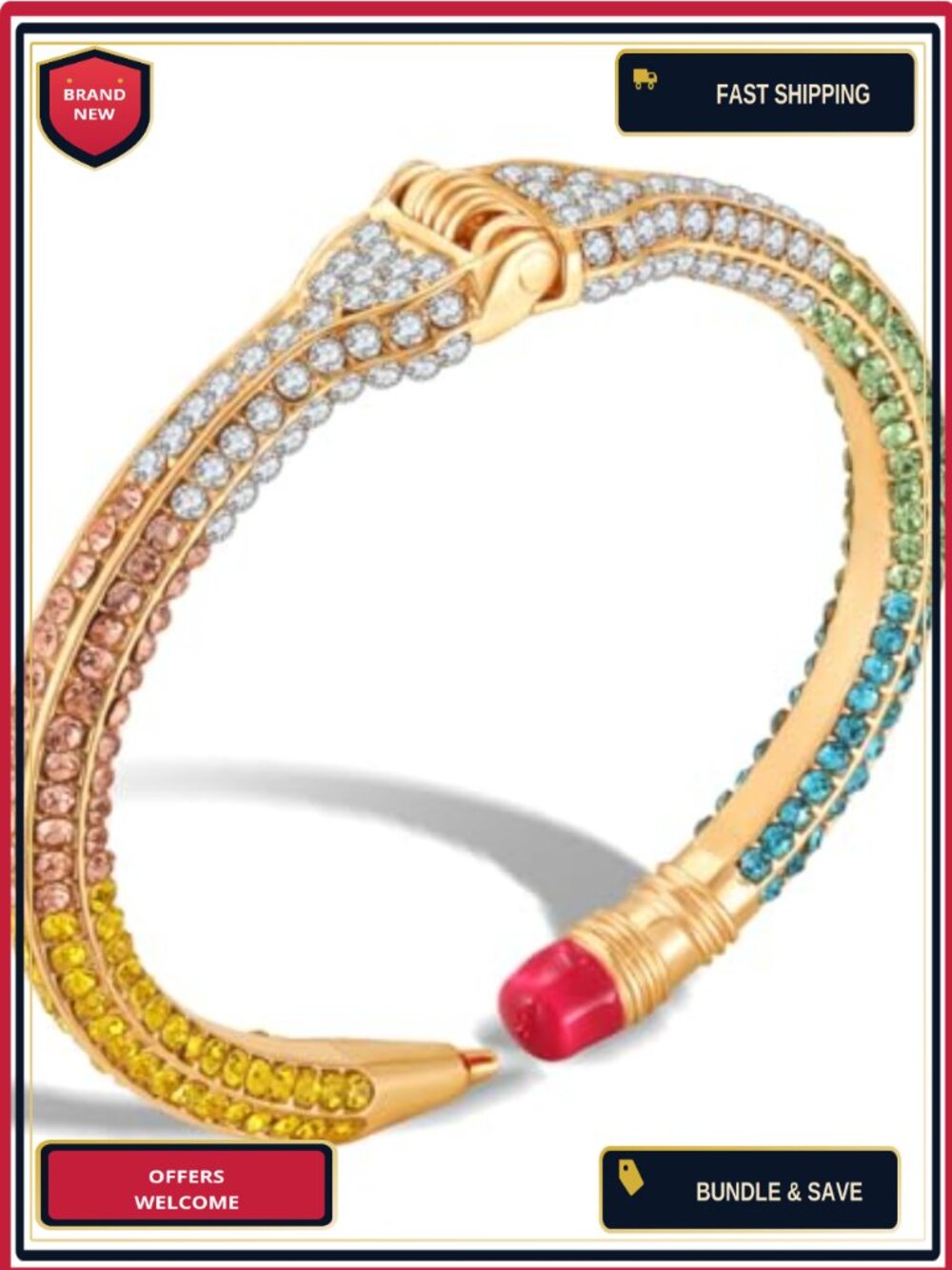 Rainbow Crystal Pencil Bangle Bracelet Hinged Cuff Teacher Gift